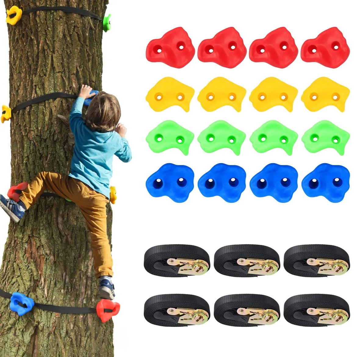 18 Ninja-Klettergriffe Kinder-Kletterfelsen mit sechs Gurten Kinder Klettergriffe Klettersteine Bunt