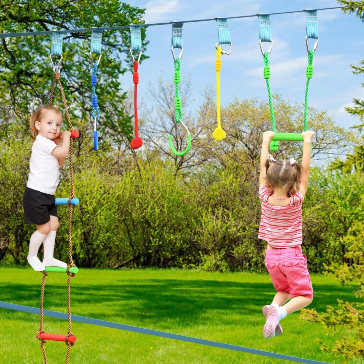 Ninja-Warrior-Set für Kinder 15M Kinder Slackline hängende 9 Hindernisse verstellbaren Outdoor Bunt