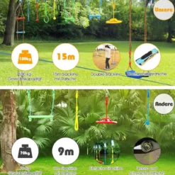 Ninja-Warrior-Set für Kinder 15M Kinder Slackline hängende 9 Hindernisse verstellbaren Outdoor Bunt