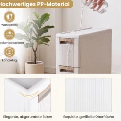 Nischenschrank Schmal mit Rollen & 3 Schubladen Badrollwagen 18 x 45,5 x 76 cm Beige