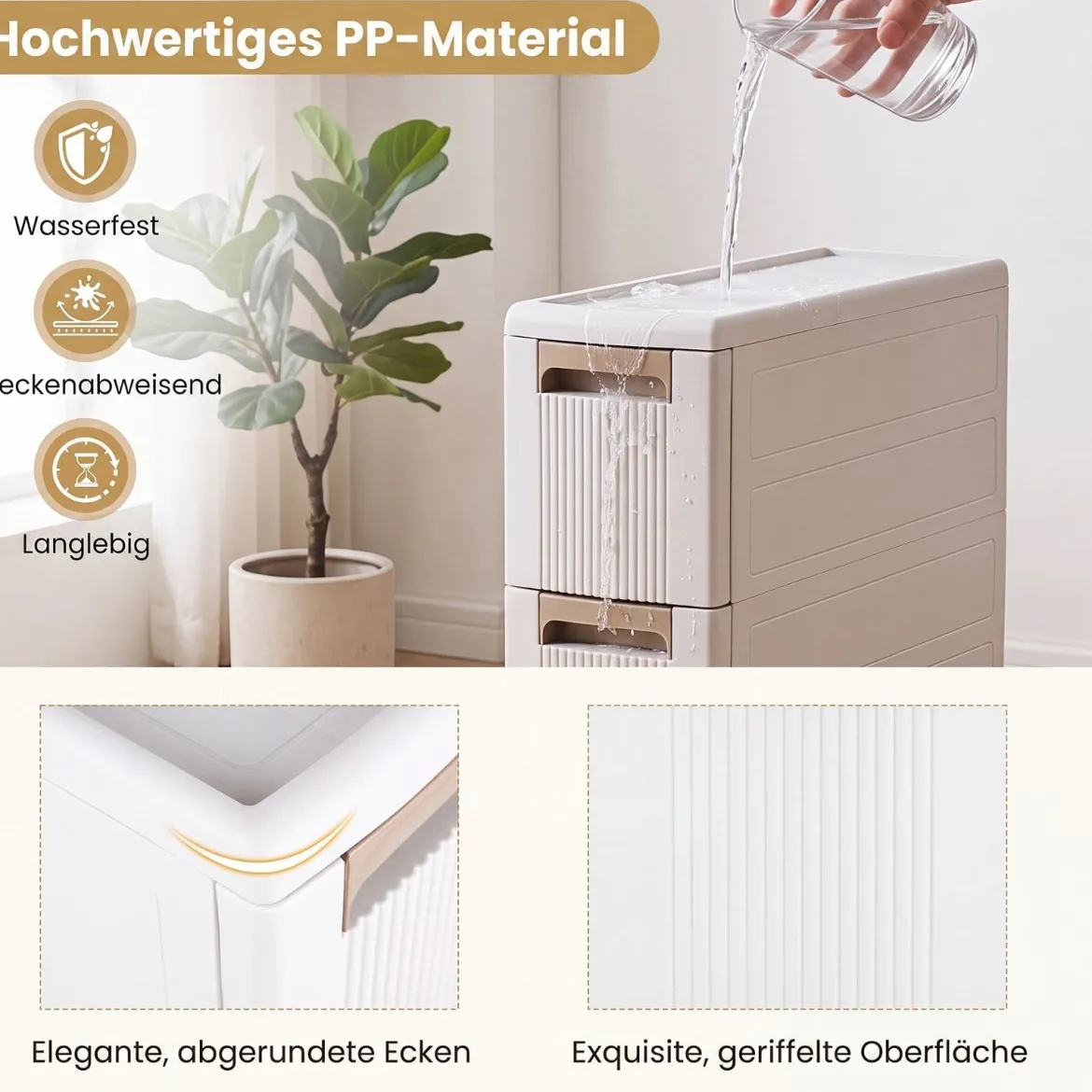 Nischenschrank Schmal mit Rollen & 3 Schubladen Badrollwagen 18 x 45,5 x 76 cm Beige