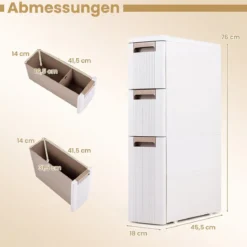 Nischenschrank Schmal mit Rollen & 3 Schubladen Badrollwagen 18 x 45,5 x 76 cm Beige
