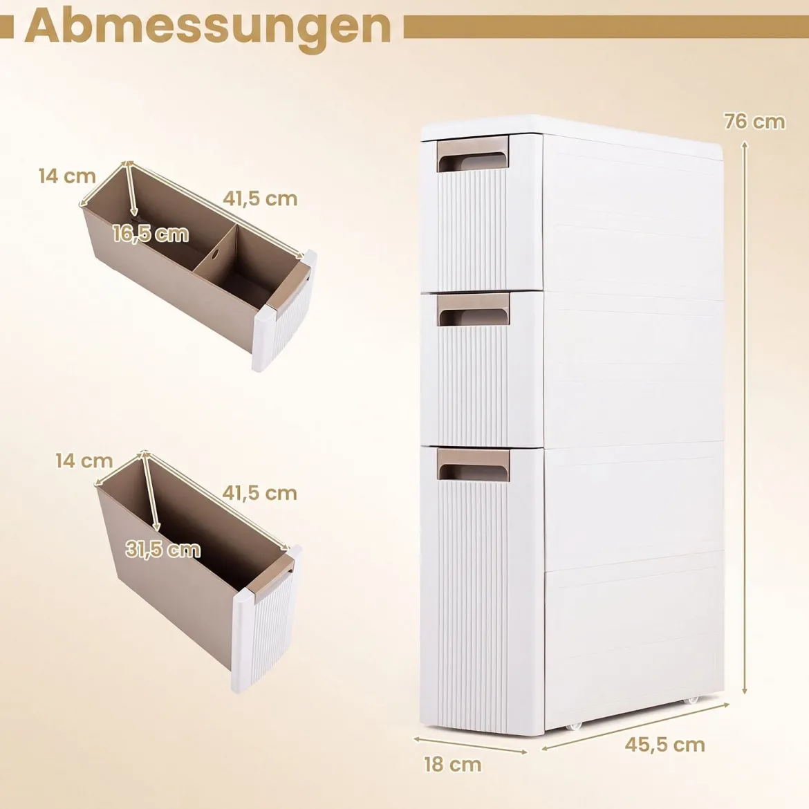 Nischenschrank Schmal mit Rollen & 3 Schubladen Badrollwagen 18 x 45,5 x 76 cm Beige