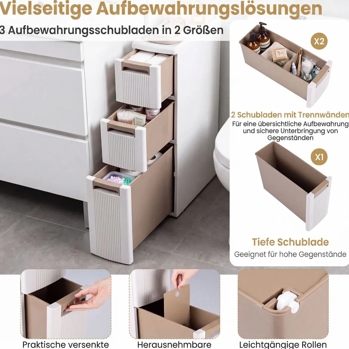Nischenschrank Schmal mit Rollen & 3 Schubladen Badrollwagen 18 x 45,5 x 76 cm Beige