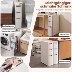 Nischenschrank Schmal mit Rollen & 3 Schubladen Badrollwagen 18 x 45,5 x 76 cm Beige