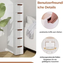 Nischenschrank schmal mit Rollen Nischenregal 20cm breit Nischenwagen mit 4 Schubladen Weiß (6 Schubladen)