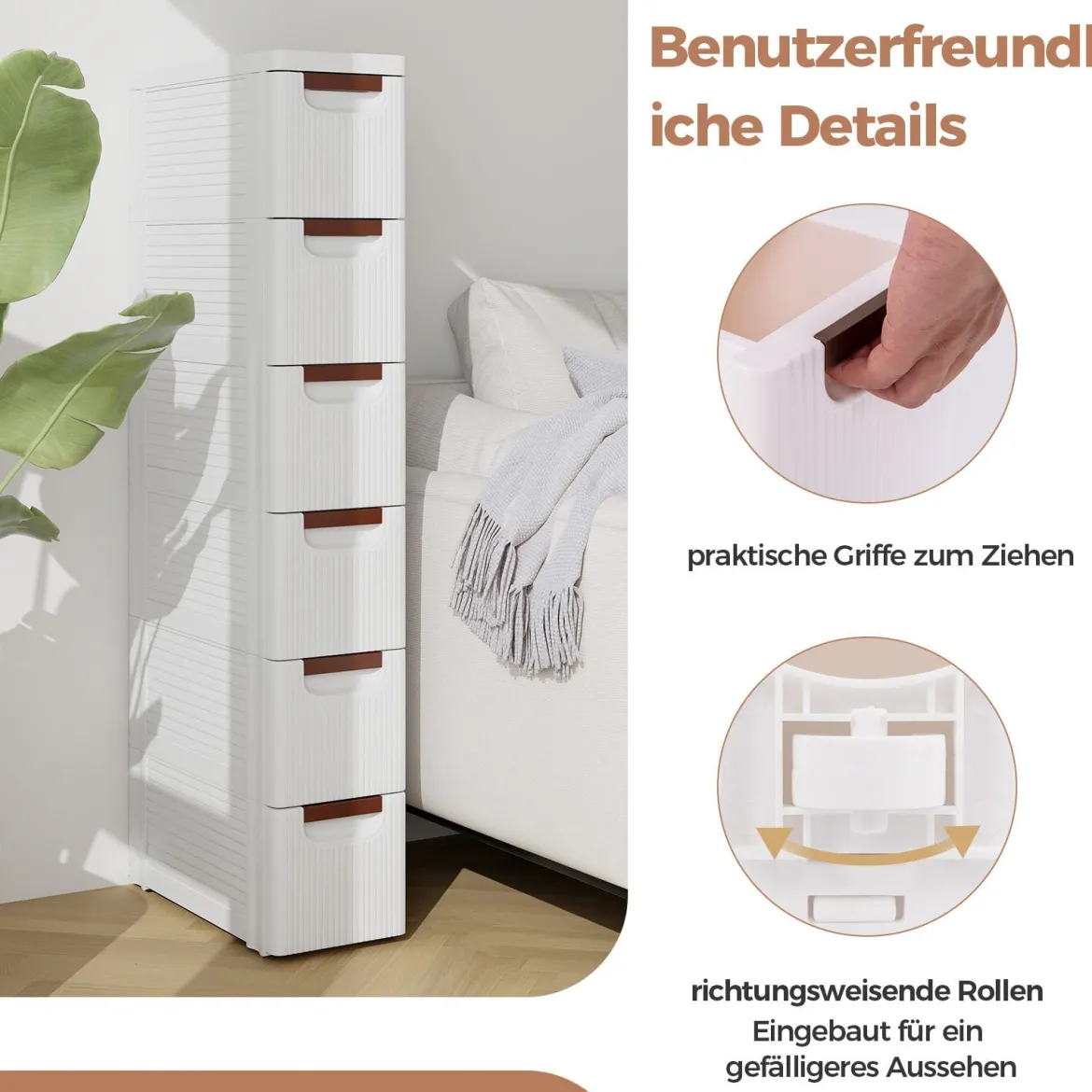Nischenschrank schmal mit Rollen Nischenregal 20cm breit Nischenwagen mit 4 Schubladen Weiß (6 Schubladen)