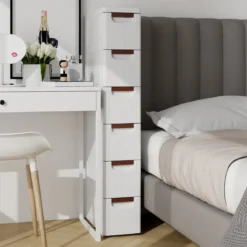 Nischenschrank schmal mit Rollen Nischenregal 20cm breit Nischenwagen mit 4 Schubladen Weiß (6 Schubladen)