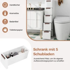 Nischenschrank schmal mit Rollen Nischenregal 20cm breit Badrollwagen Weiß (5 Schubladen)