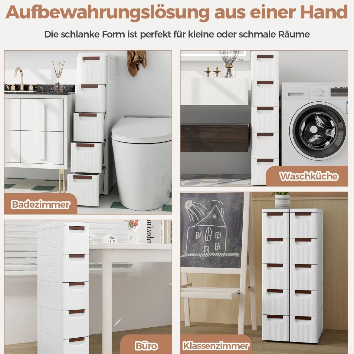 Nischenschrank schmal mit Rollen Nischenregal 20cm breit Badrollwagen Weiß (5 Schubladen)