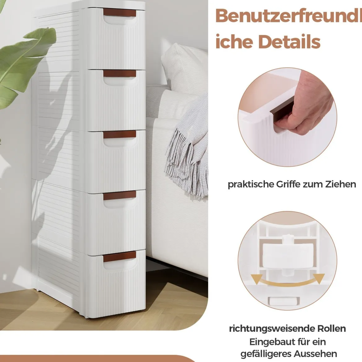 Nischenschrank schmal mit Rollen Nischenregal 20cm breit Badrollwagen Weiß (5 Schubladen)