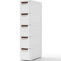 Nischenschrank schmal mit Rollen Nischenregal 20cm breit Badrollwagen Weiß (5 Schubladen)