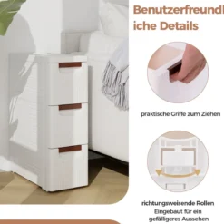 Nischenschrank schmal mit Rollen Nischenregal 20cm breit Nischenwagen mit 4 Schubladen Weiß (3 Schubladen)