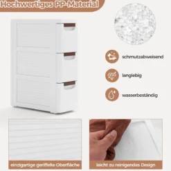 Nischenschrank schmal mit Rollen Nischenregal 20cm breit Nischenwagen mit 4 Schubladen Weiß (3 Schubladen)