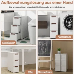 Nischenschrank schmal mit Rollen Nischenregal 20cm breit Nischenwagen mit 4 Schubladen Weiß (3 Schubladen)