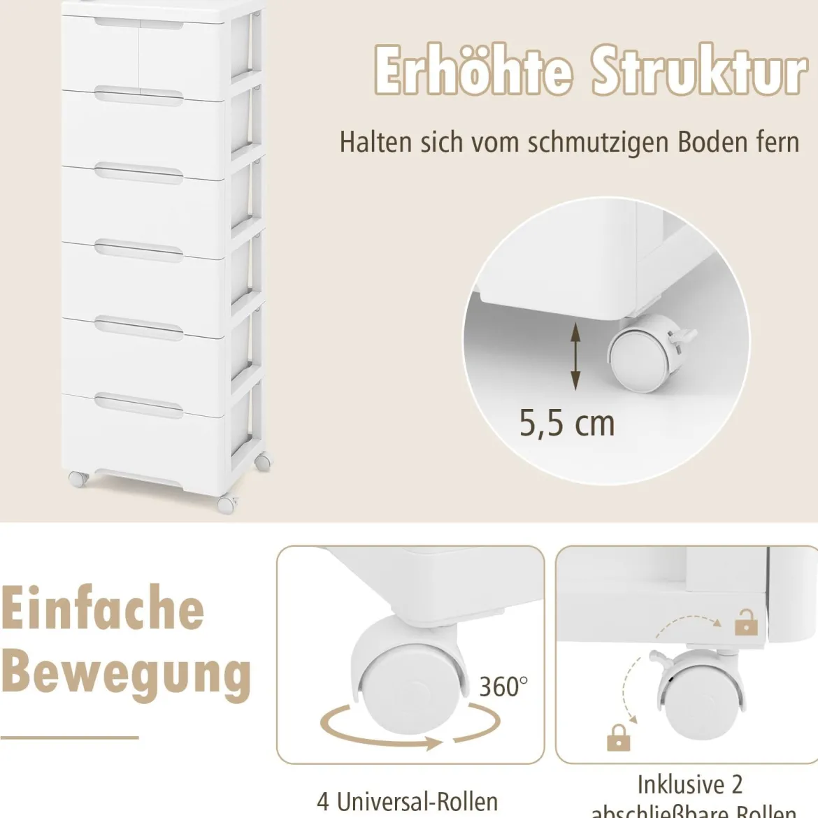 Nischenschrank vertikal Aufbewahrungsschrank Kommode mit 7 Schubladen Weiß