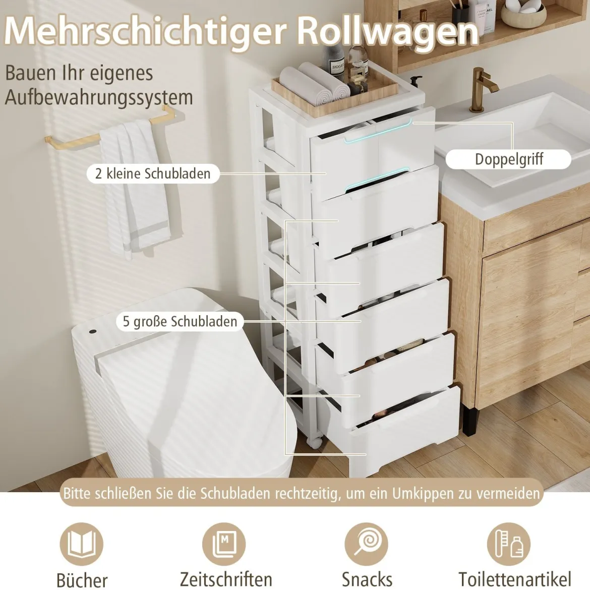 Nischenschrank vertikal Aufbewahrungsschrank Kommode mit 7 Schubladen Weiß