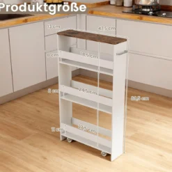 Nischenwagen 13cm breit 4 Etagen Küchenwagen schmal Nischenregal auf Rollen 48 x 13 x 81 cm Braun+Weiß