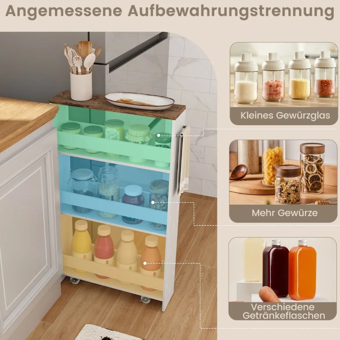 Nischenwagen 13cm breit 4 Etagen Küchenwagen schmal Nischenregal auf Rollen 48 x 13 x 81 cm Braun+Weiß