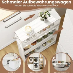 Nischenwagen 13cm breit 4 Etagen Küchenwagen schmal mit Ladestation Nischenregal auf Rollen Weiß