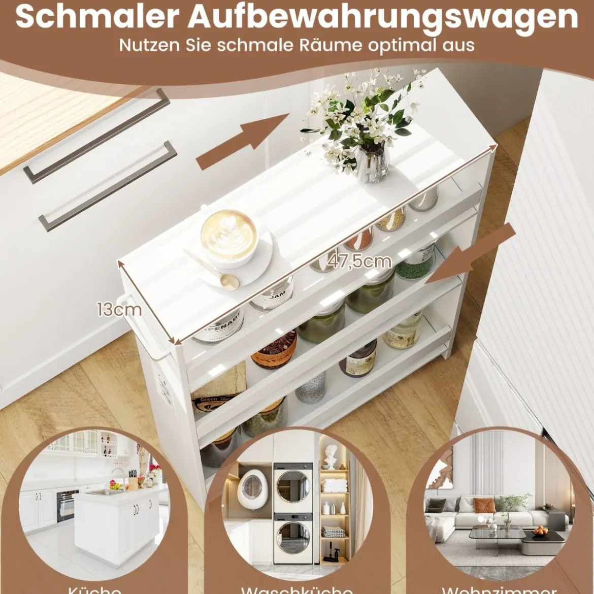 Nischenwagen 13cm breit 4 Etagen Küchenwagen schmal mit Ladestation Nischenregal auf Rollen Weiß
