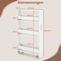 Nischenwagen 13cm breit 4 Etagen Küchenwagen schmal mit Ladestation Nischenregal auf Rollen Weiß