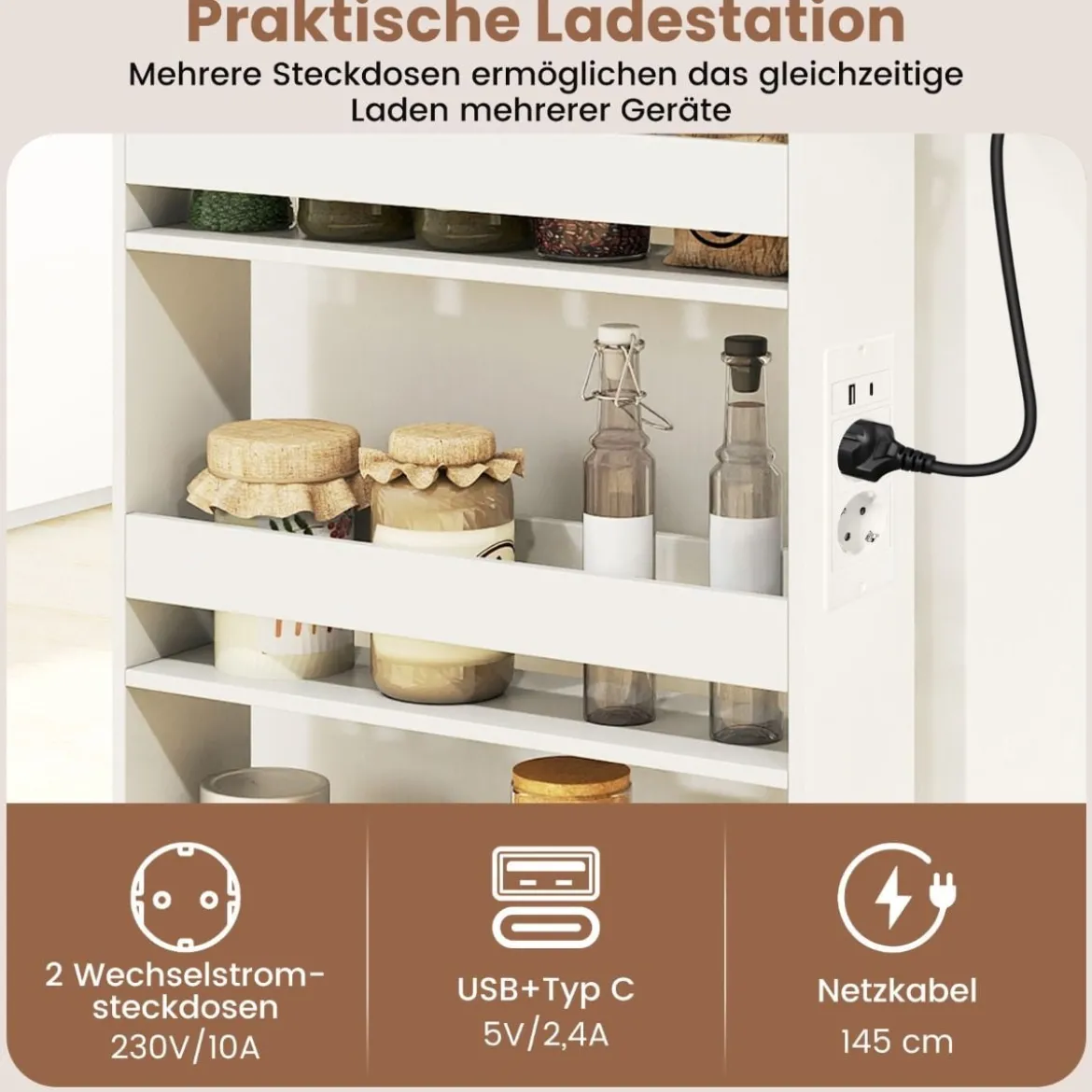 Nischenwagen 13cm breit 4 Etagen Küchenwagen schmal mit Ladestation Nischenregal auf Rollen Weiß