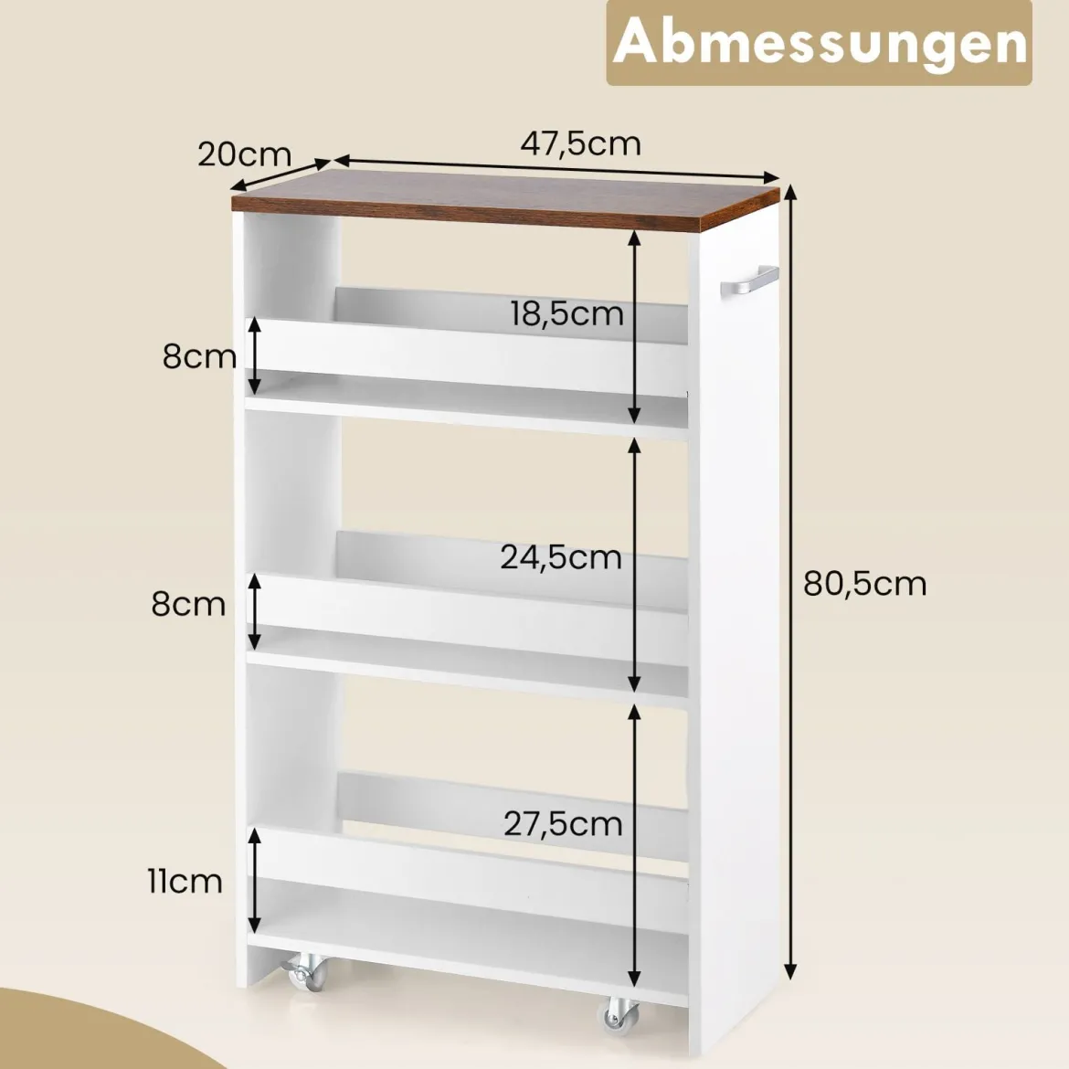 Nischenwagen 20cm breit 4 Etagen Küchenwagen schmal Nischenregal auf Rollen 47,5 x 20 x 80,5 cm