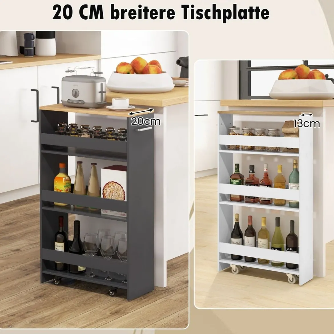 Nischenwagen 20cm breit 4 Etagen Küchenwagen schmal Nischenregal auf Rollen 47,5 x 20 x 80,5 cm