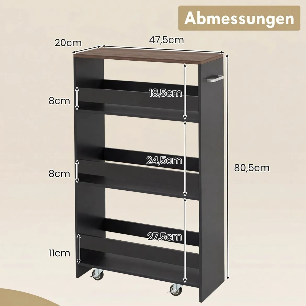 Nischenwagen 20cm breit 4 Etagen Küchenwagen schmal Nischenregal auf Rollen 47,5 x 20 x 80,5 cm