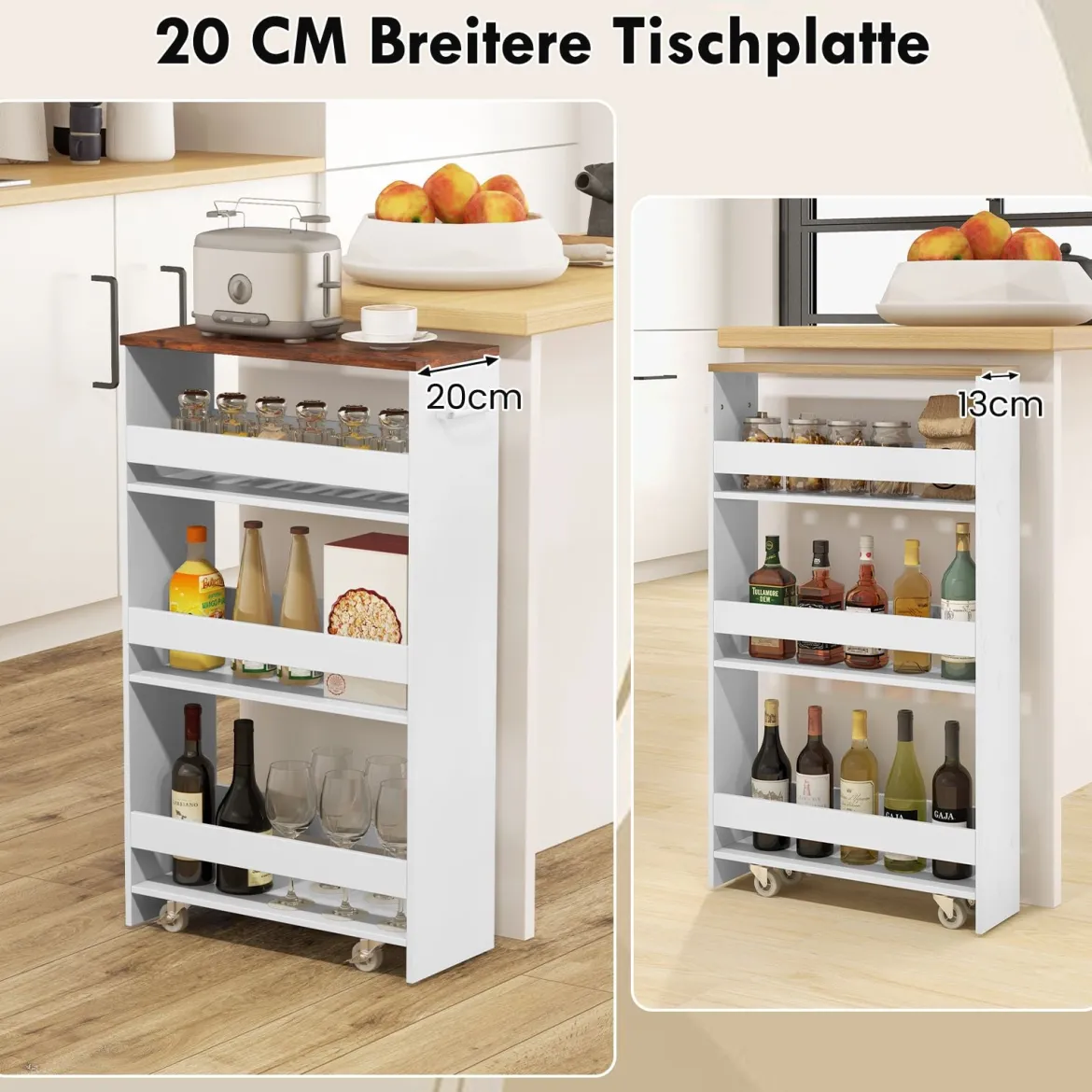 Nischenwagen 20cm breit 4 Etagen Küchenwagen schmal Nischenregal auf Rollen 47,5 x 20 x 80,5 cm