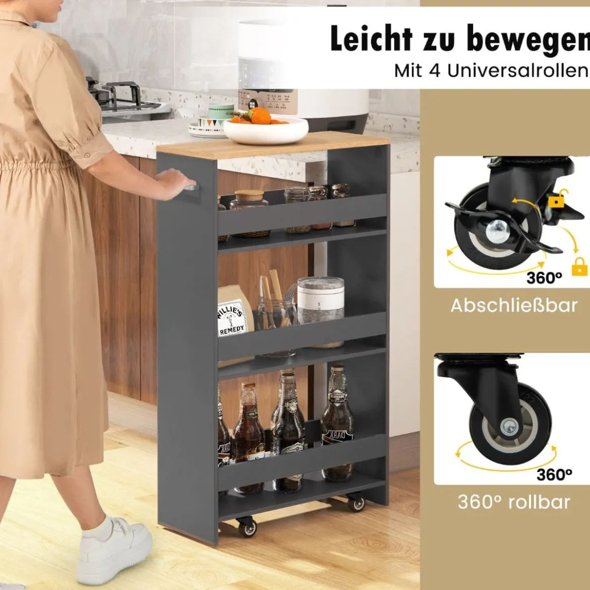 Nischenwagen 20cm breit 4 Etagen Küchenwagen schmal Nischenregal auf Rollen 47,5 x 20 x 80,5 cm