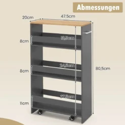Nischenwagen 20cm breit 4 Etagen Küchenwagen schmal Nischenregal auf Rollen 47,5 x 20 x 80,5 cm