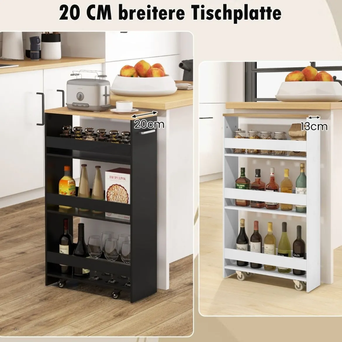 Nischenwagen 20cm breit 4 Etagen Küchenwagen schmal Nischenregal auf Rollen 47,5 x 20 x 80,5 cm
