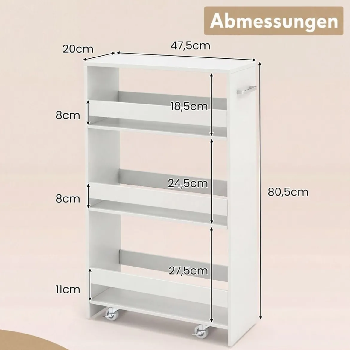 Nischenwagen 20cm breit 4 Etagen Küchenwagen schmal Nischenregal auf Rollen 47,5 x 20 x 80,5 cm
