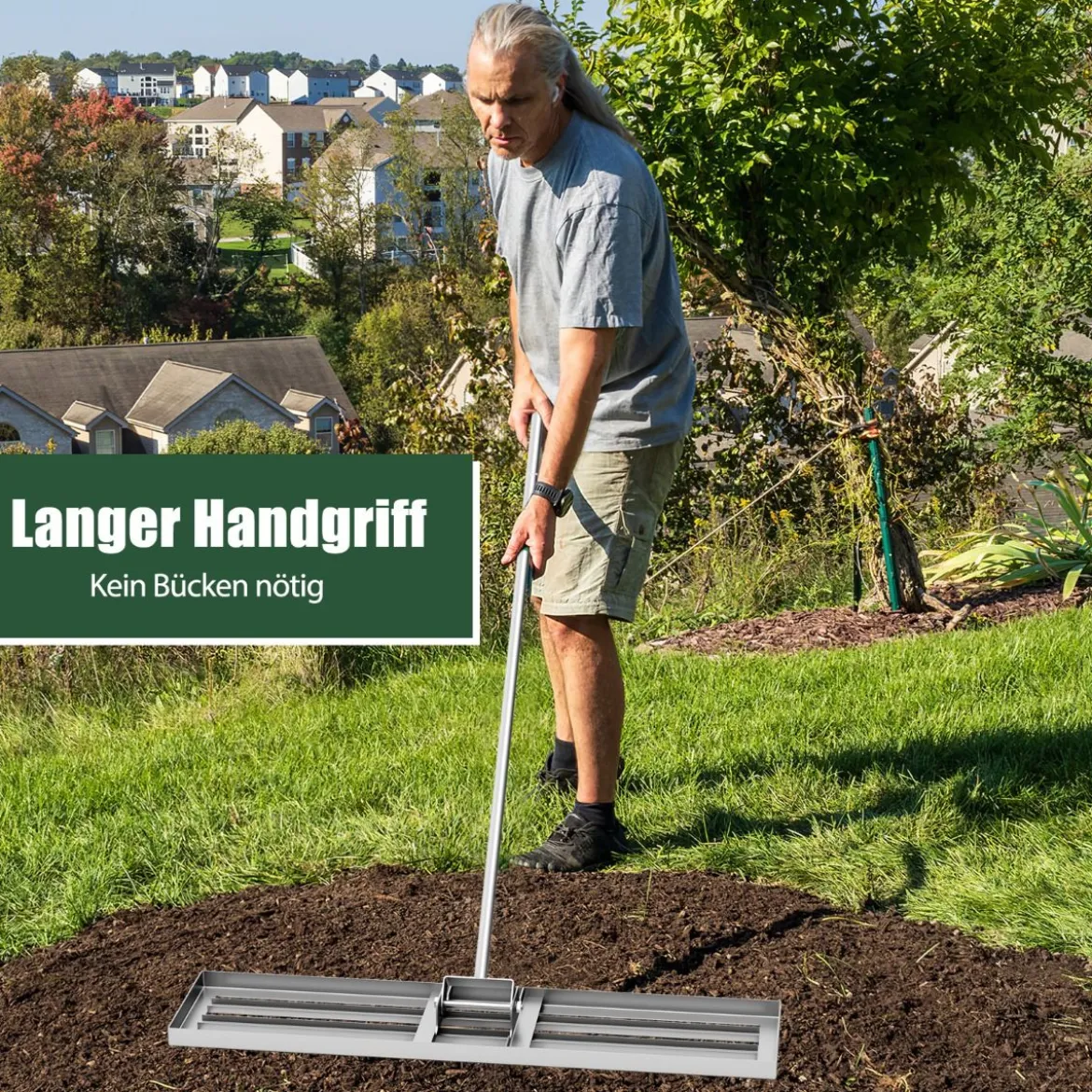 Nivellierrechen mit Ergonomischem Griff Robustes Rasenwerkzeug Levelingrake Flächenebner 106 x 25 cm
