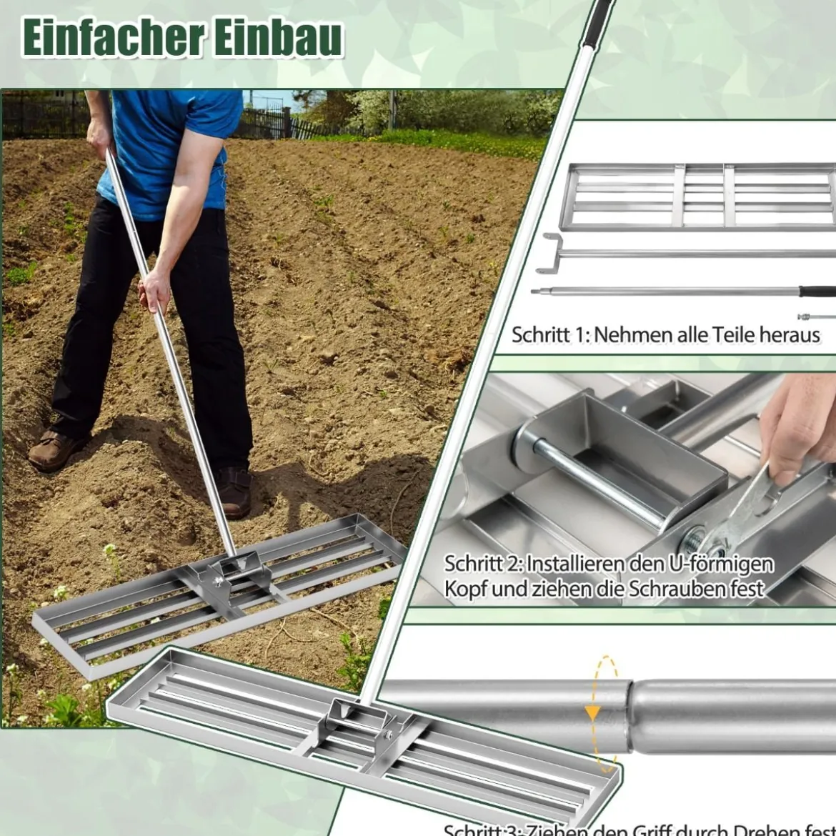 Nivellierrechen mit Ergonomischem Griff Robustes Rasenwerkzeug Levelingrake Flächenebner 106 x 25 cm