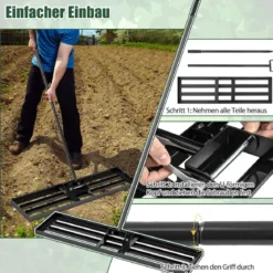 Nivellierrechen mit Ergonomischem Griff Robustes Rasenwerkzeug Levelingrake Flächenebner 106 x 25 cm