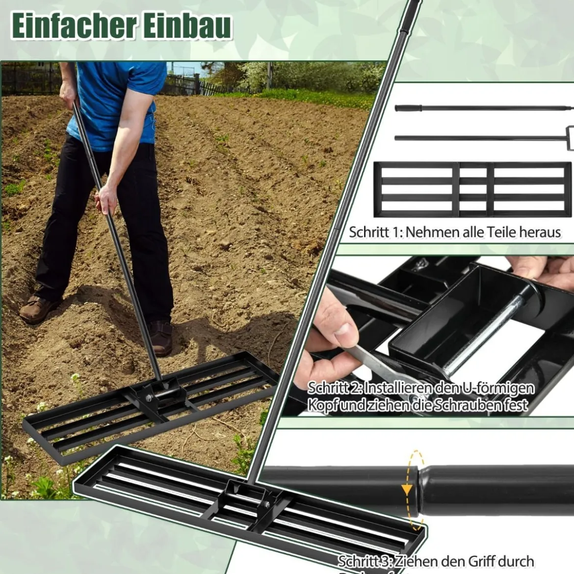 Nivellierrechen mit Ergonomischem Griff Robustes Rasenwerkzeug Levelingrake Flächenebner 106 x 25 cm