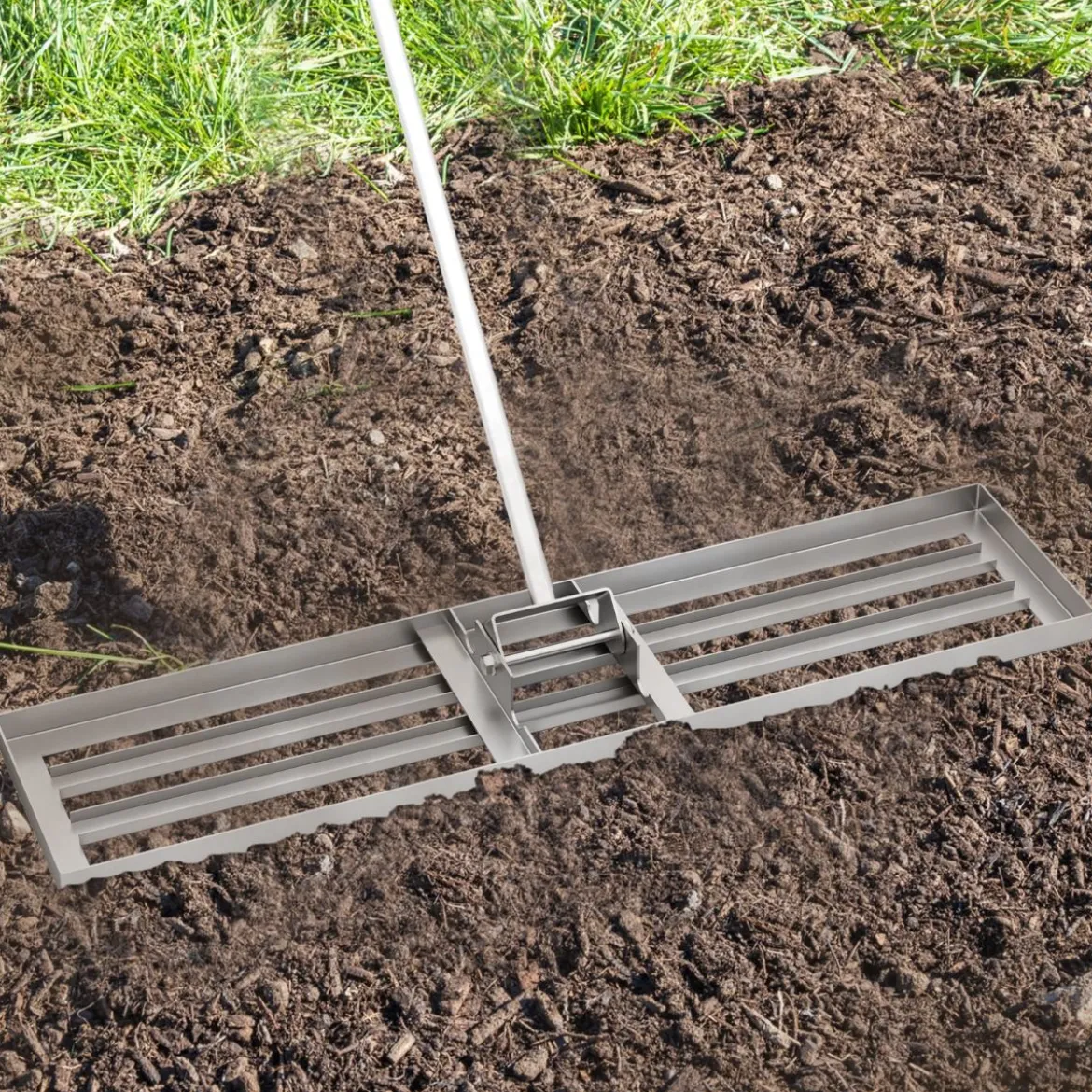 Nivellierrechen mit Ergonomischem Griff Robustes Rasenwerkzeug Levelingrake Flächenebner 106 x 25 cm