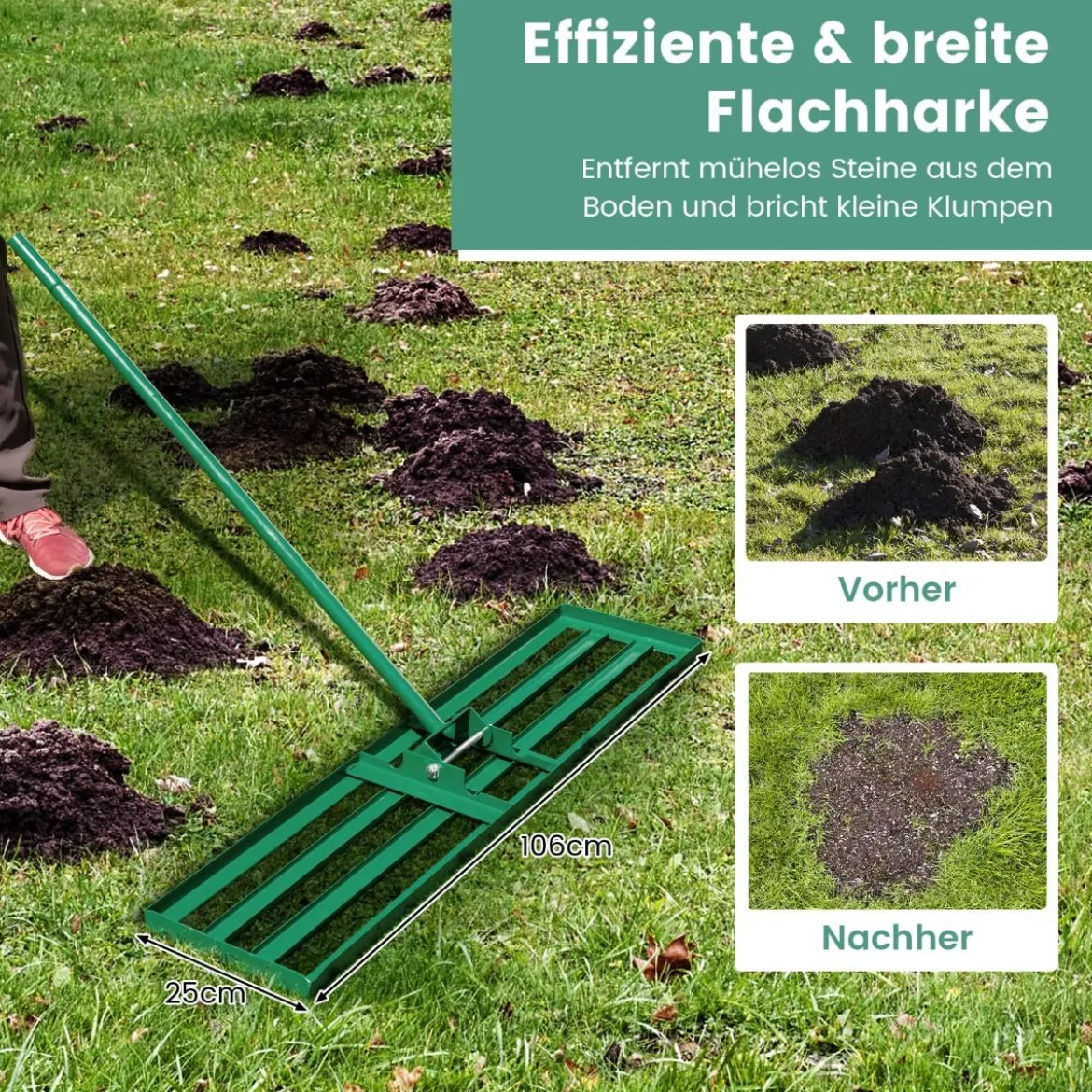 Nivellierrechen mit Ergonomischem Griff Robustes Rasenwerkzeug Levelingrake Flächenebner 106 x 25 cm
