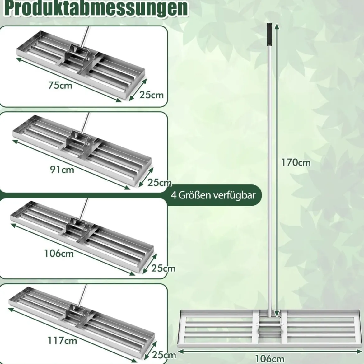 Nivellierrechen mit Ergonomischem Griff Robustes Rasenwerkzeug Levelingrake Flächenebner 106 x 25 cm