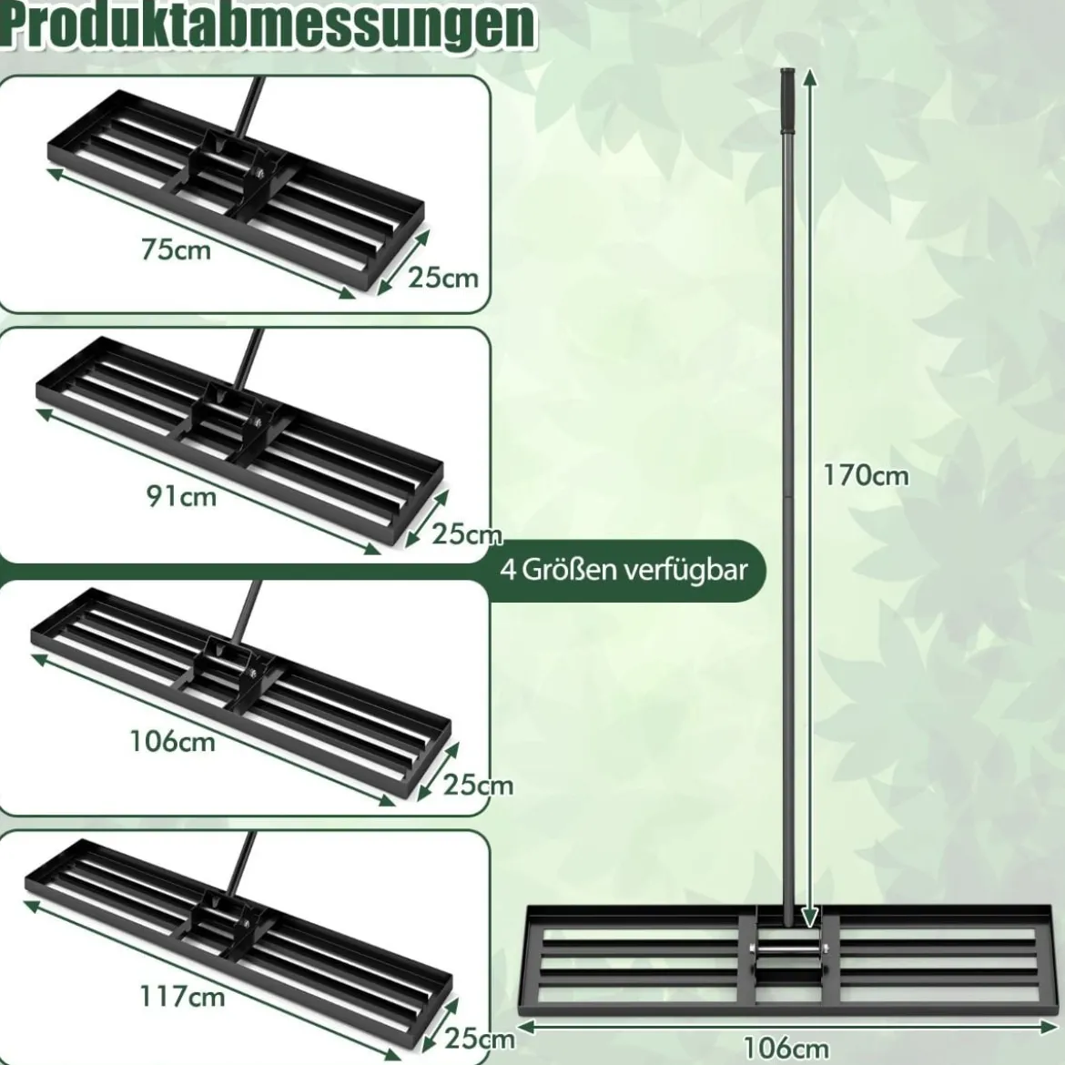 Nivellierrechen mit Ergonomischem Griff Robustes Rasenwerkzeug Levelingrake Flächenebner 106 x 25 cm