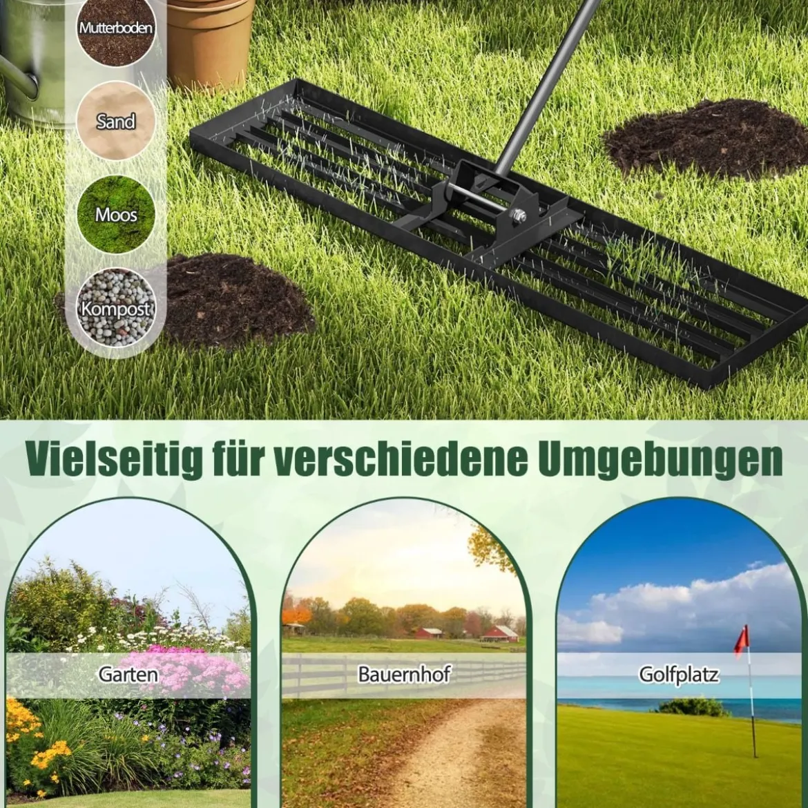Nivellierrechen mit Ergonomischem Griff Robustes Rasenwerkzeug Levelingrake Flächenebner 106 x 25 cm