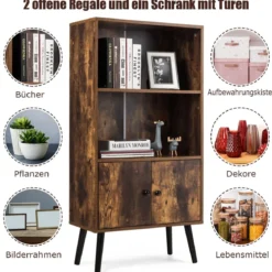 Nostalgie Bücherregal mit 3 Regalbrettern & 2 Türen & Soliden Holzbeinen für Wohnzimmer Büro Braun