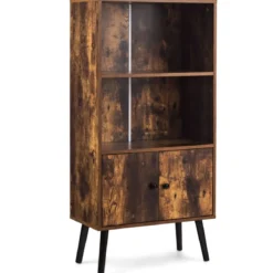 Nostalgie Bücherregal mit 3 Regalbrettern & 2 Türen & Soliden Holzbeinen für Wohnzimmer Büro Braun