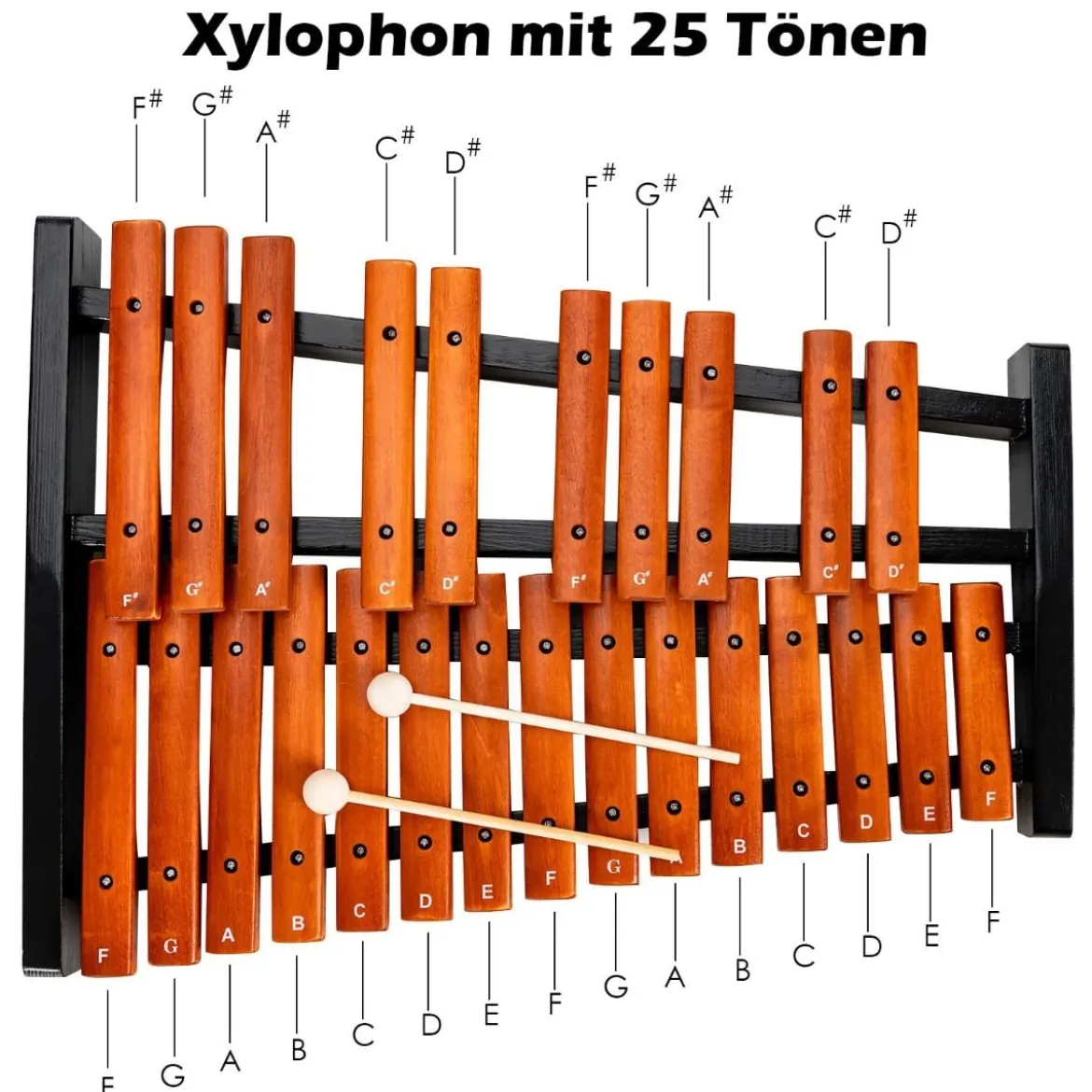 25 Noten Glockenspiel Xylophon Holz mit Schlägel Tragetasche Percussion Geeignet Braun+ Schwarz