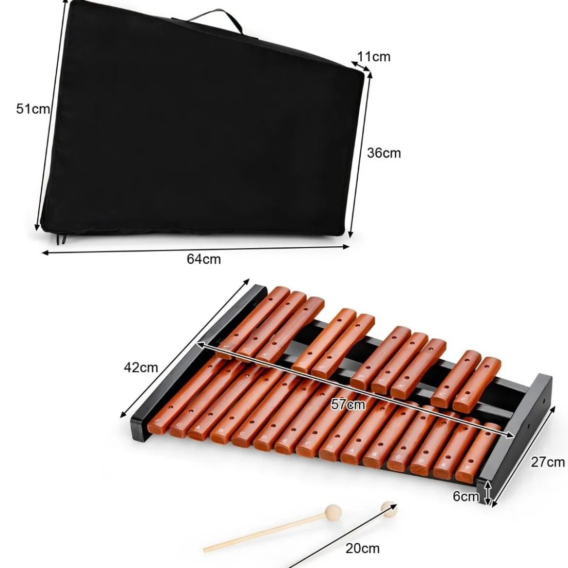 25 Noten Glockenspiel Xylophon Holz mit Schlägel Tragetasche Percussion Geeignet Braun+ Schwarz