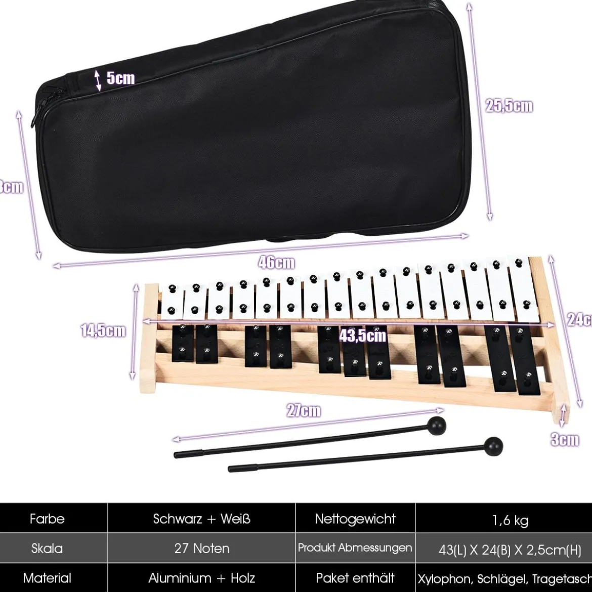 27 Noten Xylophon mit 2 Schlägeln & Tragetasche Glockenspiel Handpercussion Percussion