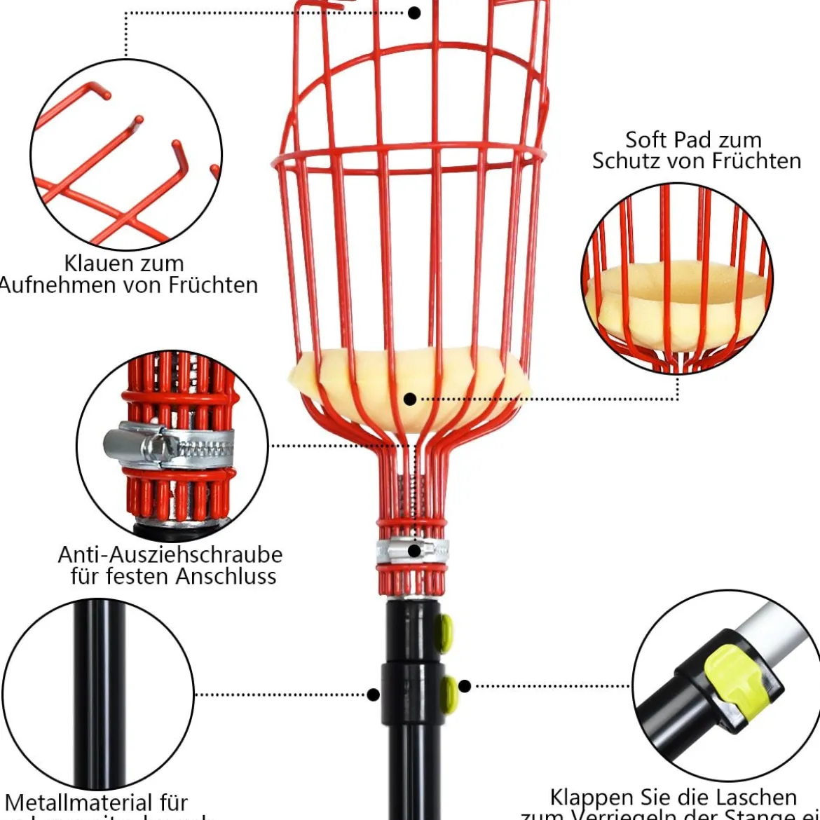 Obstpflücker mit Korb Teleskopstiel Apfelpflücker Teleskopstange Obstpflückwerkzeug Metallpflückkopf Obstfänger 145-366cm